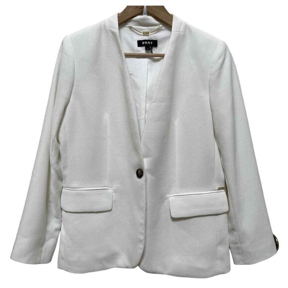 DKNY Ivory Textured One Button Closure Pocket Collarless Blazer Size 6 Small - Picture 2 of 13